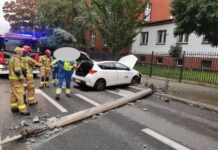 Gliwice: Samochód uderzył w słup na ul. Styczyńskiego. Trasa w kierunku Orlickiego zablokowana